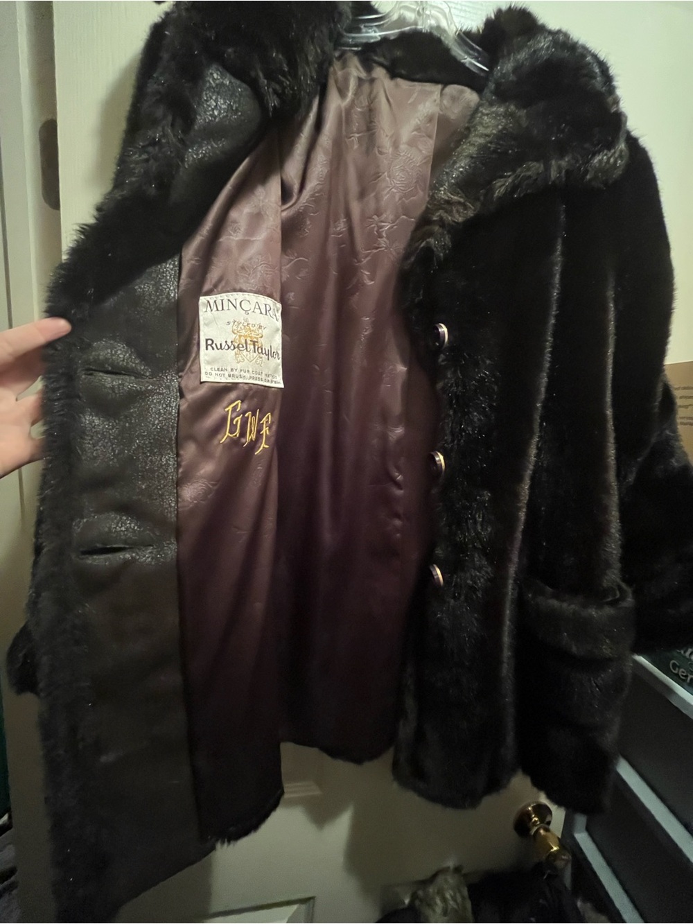 Vintage 60s Russel Taylor Mincara Faux Fur Coat Black Plush Jacket Medium Large